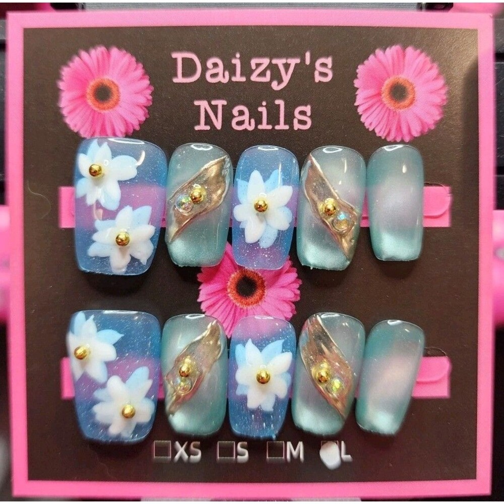 Large Size Press-on Nail 10Pc Set Handmade Squoval Blue Flowers 2.0 Cm Length